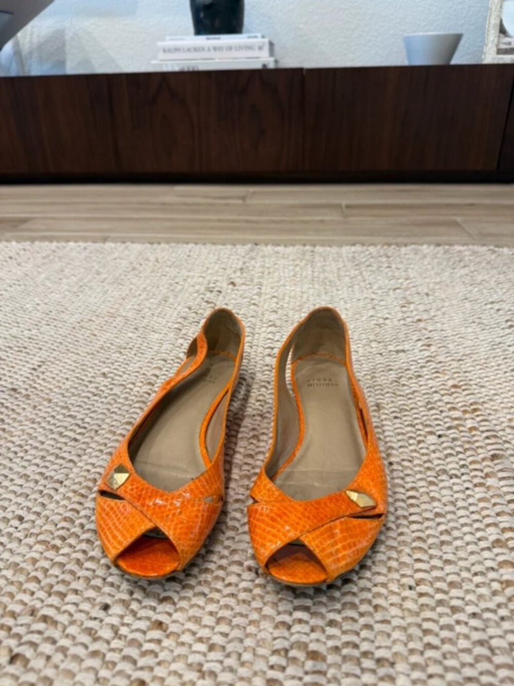 Vintage Stuart Weitzman Orange Snakeskin Peep Toe Flats - 6.5